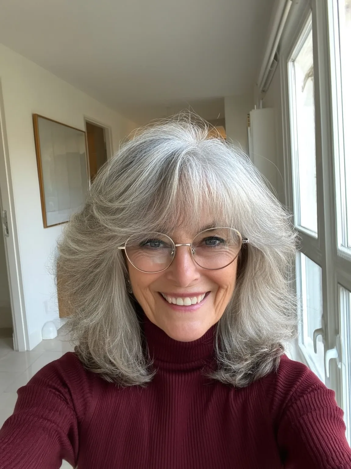 Voluminous Feathered Layers with Long Bangs in Silver Gray